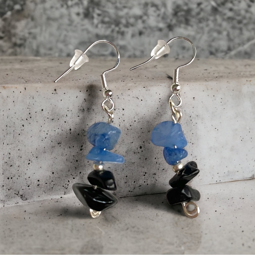 Artisan Blue Chalcedony with black onyx earrings